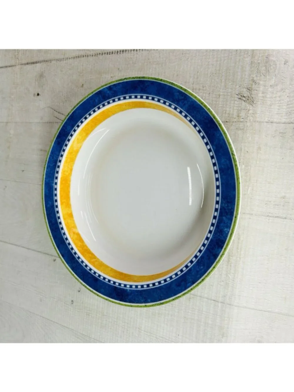 Dansk Bistro KOBENHAVN Blue Yellow Band Smooth Green Trim Rimmed Soup Bowl Set 4